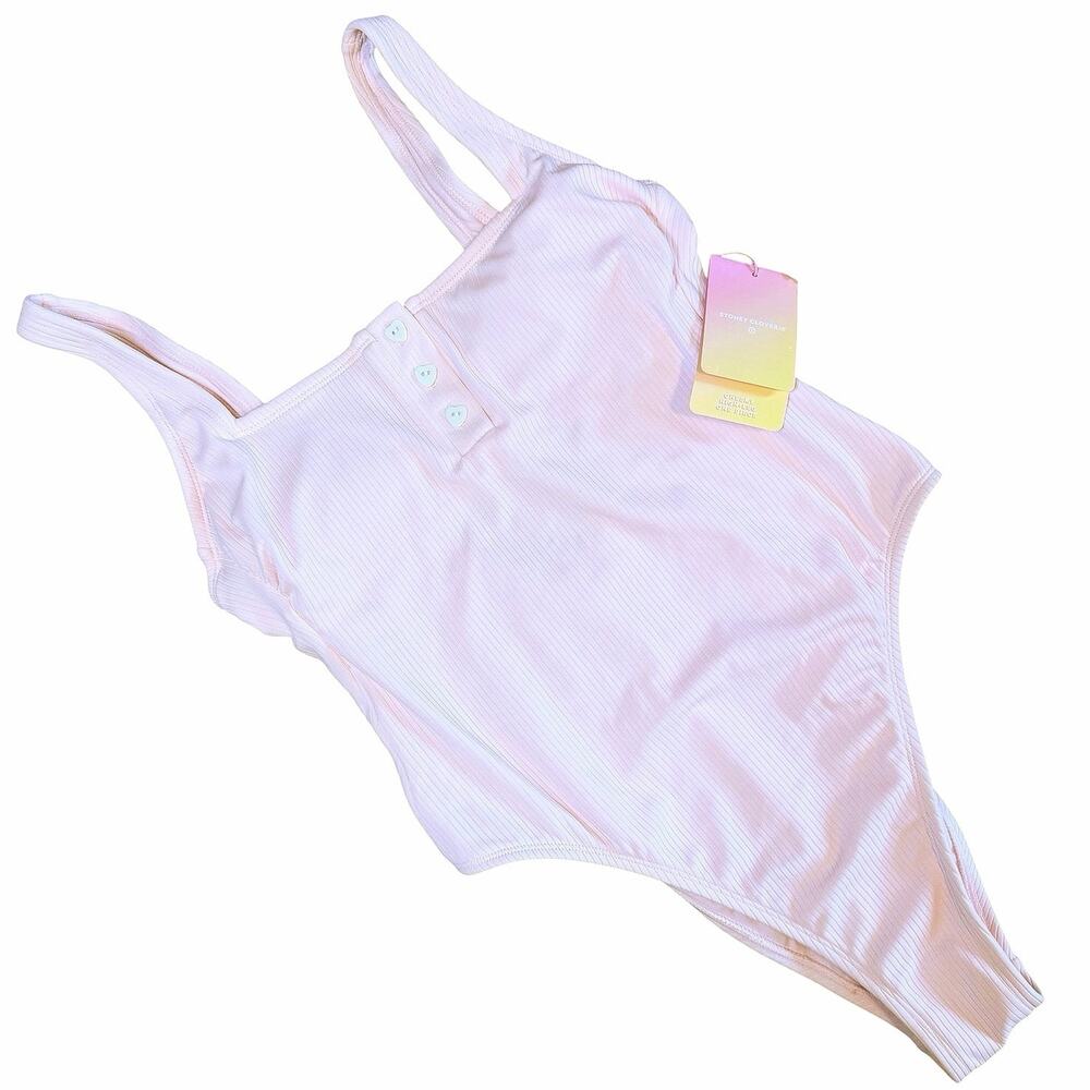 Stoney Clover Lane Ribbed Pink One Piece Swimsuit Medium 8-10 Heart Buttons